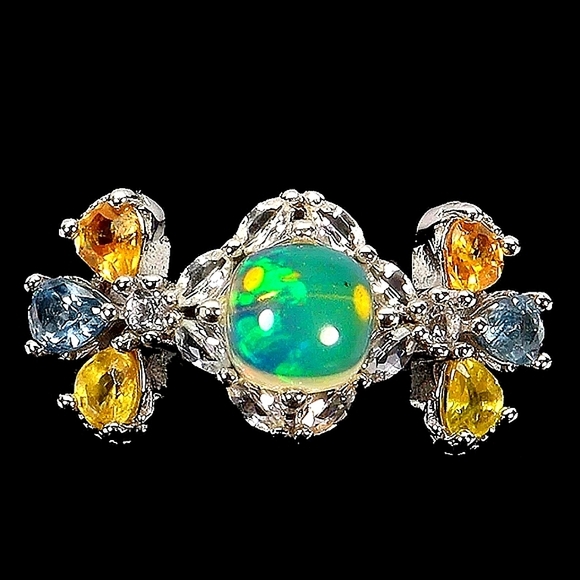 Natural Fire Opal 6mm, Sapphire, Topaz 925 Sterling Silver Jewelry Ring Sz 6.75 - Picture 6 of 7